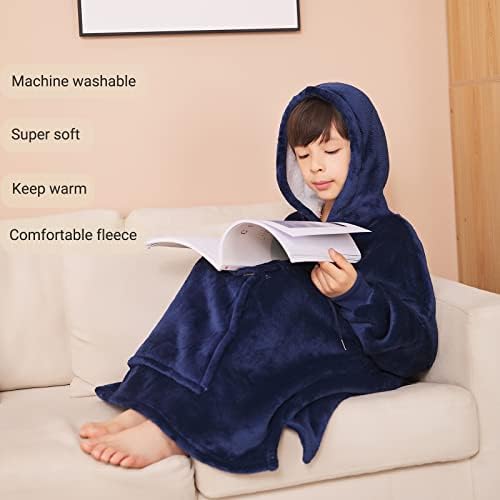 Chokoter Blanket Hoodie for Kids 7-14 years, Oversized Hoodie Blanket, Super Soft Flannel Sherpa Oversized Blanket Hoodie Kids, Warm Comfortable Hooded Robe, Gifts Compatible Gamers Boys Girls(Blue)