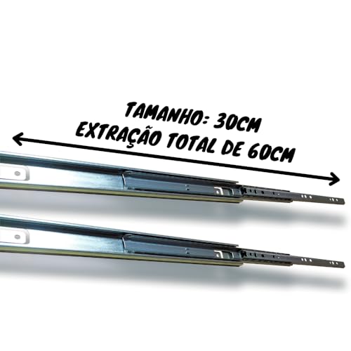 4 Corrediça Telescópica 30cm – 300mm 2 PAR Gaveta Moveis Armário Trilho Zincada Reforçada Corredica