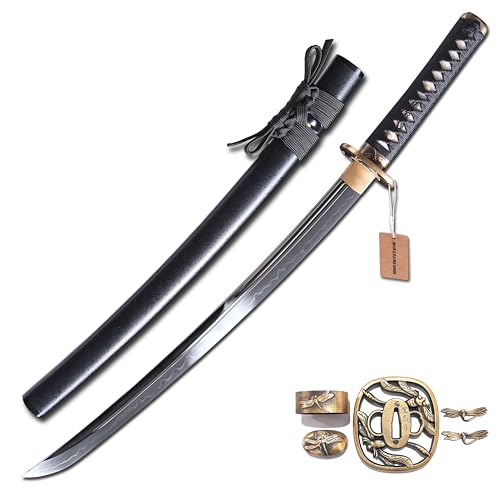 MURASAME Wakizashi Sword T10 Steel Clay Tempered Real Hamon Unkubi-Zukuri Blade Brass Tsuba Razor Sharp