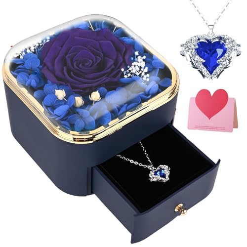 Gaethra Rosa Eterna Azul, Rosa Azul Eterna Natural Preservada con Collar, Flor Eterna Regalo para Mujeres, Regalo Aniversario Mujer, Día de la Madre Esposa Abuela Cumpleaños San Valentín Navidad