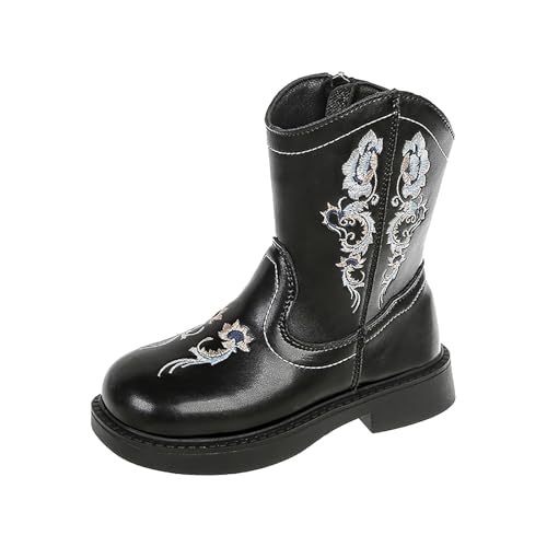 IWIHMIV Kids Cowboy Boots Girls Western Mid Calf Boots with Embroidered and Zipper Comfortable Soft Sole Riding Shoes