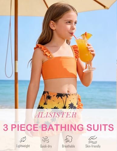 Image of ALISISTER Girls Swimsuit 3 Piece Bathing Suits Summer Bikini Tankini Sets with Cover Up Skirt for 4-12 Years