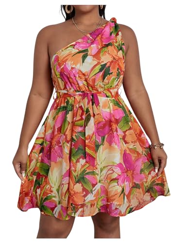 Floerns Women's Plus Size Floral Print One Shoulder Sleeveless Belted A Line Dress