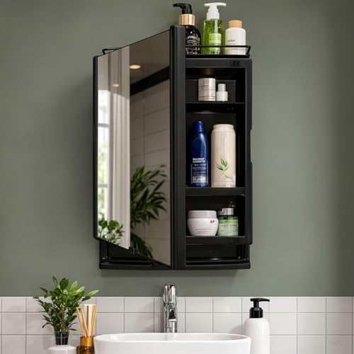 Image of JD FRESH Unbreakable Bathroom Cabinet with Mirror /Wall Mount Mirror Cabinet for Wash Basin /Bathroom Organizer Cabinet /Multipurpose Wall Storage Organizer /Decorative Prime Look (Black)