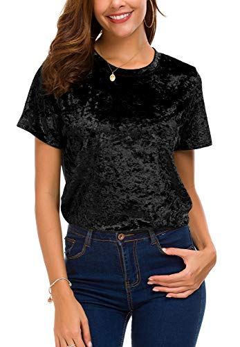 Women's Crew Neck Velvet Top Short Sleeve T-Shirt