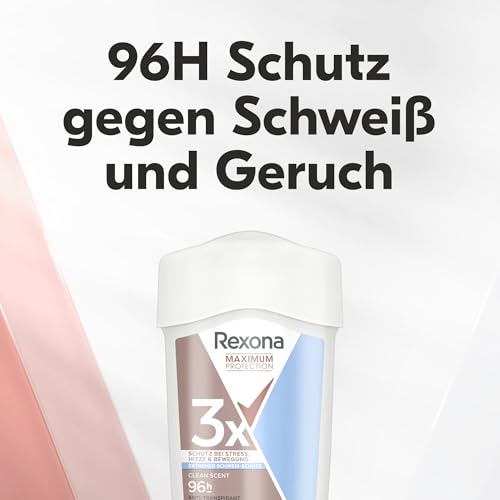 Rexona Women Maximum Protection Anti Transpirant Deo Creme Clean Scent Deodorant mit 96 Stunden Schutz gegen starkes Schwitzen und Geruch mit 3x Schutz bei Stress, Hitze & Bewegung 45 ml