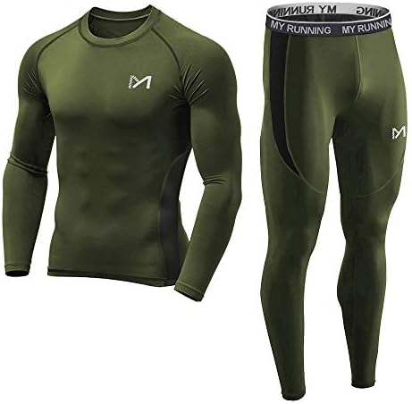 Men's Base Layer, Cool Dry Long Sleeve Compression Set, Sport Long Johns Gym Fitness Running Underwear Shirt and Pant Green