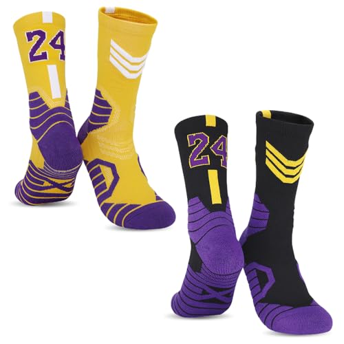 MENKARWHY 2-Pairs Basketball-Socks-for-Men & Boys Basketball Team Lucky Number Sports-Star-Socks for Child & Adult (8X-Large #24-Kobe)