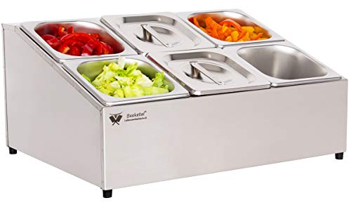 Beeketal 'BGN6-Duo' Edelstahl GN Aufsatzboard für 6 Gastronorm Behälter (zweireihig), Gastro Zutatenbehälter inkl. 6 Stück (GN) 1/6 Behälter mit Deckel, abgeschrägtes Gestell mit Anti-Rutsch Füßen