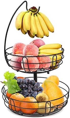 Mutool Fruit Basket with Banana Hanger 2 Tier Fruit Racks Banana tree Detachable Wire Fruit Bowls Countertop Kitchen Storage Basket for Fruits Vegetables Snacks Breads Eggs, Black