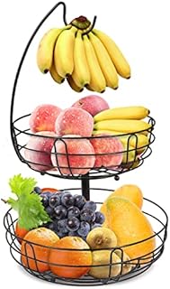 Mutool Fruit Basket with Banana Hanger 2 Tier Fruit Racks Banana tree Detachable Wire Fruit Bowls Countertop Kitchen Storage Basket for Fruits Vegetables Snacks Breads Eggs, Black