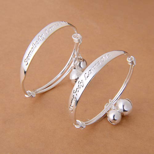 Pulabo Simple And Sophisticated Designbracelets, 2Pcs Silver Plated Baby Kids Bell Bangle Bracelet English Letter Carved Newborn Gift #TOP30
