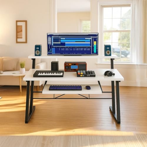 Image of FFO Music Studio Desk with Keyboard Tray | Multipurpose Work Desk for Home Office | Computer Table for Home, Office & Music Production | Laptop PC Workstation | White | 120L x 60W x 100H CM | DIY