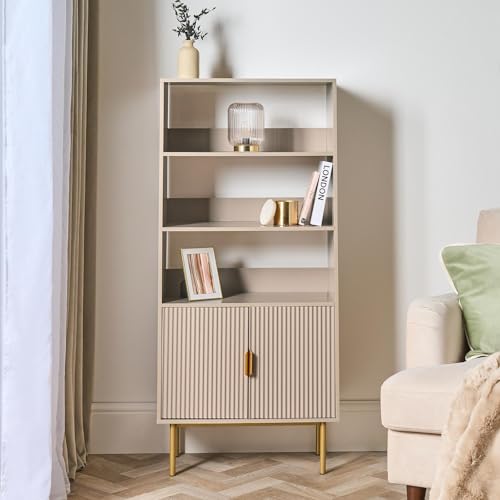 Image of OHS Wooden Display Cabinets with 2 Doors and 3 Open Shelves Ribbed 4 Tier Tall Book Shelf Free Standing Shelving Unit Bookcase Display Shelf for Living Room Office, Taupe - 60 x 30 x 130cm