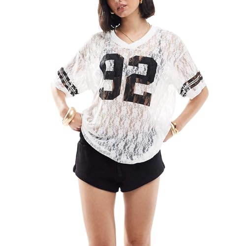 Women Lace Jersey Shirts Short Sleeve V-Neck Number Lace See