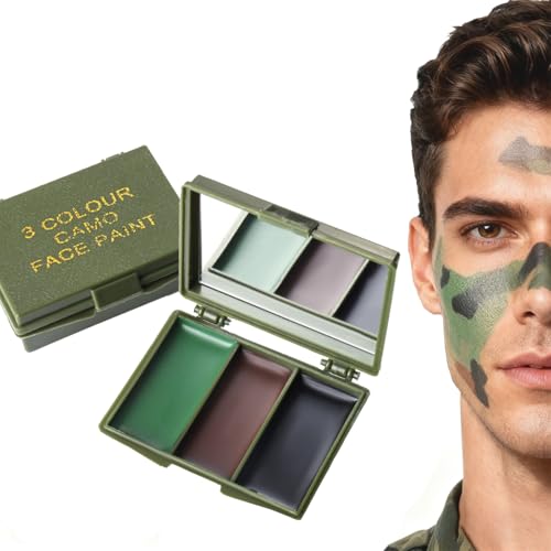 Virecose Peinture Camouflage 3 Couleurs Noir, Olive, Marron Palette de Peinture Compacte pour Visage de Camouflage avec Miroir pour le Visage, les Bras