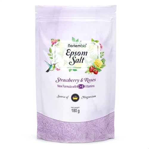Nortembio Sels d’Epsom 100% Parfum Fraise & Roses 180 g – Source Naturelle de Magnésium | Avec Vitamines C et E Hydratantes | Pour Bains Relaxants, Spa et Soin de la Peau + E-Book Gratuit