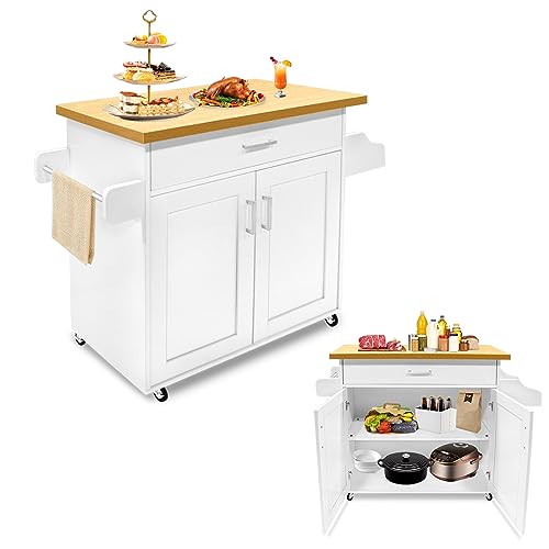 NAIZY Armario de cocina con encimera, ruedas y cajones, carro de cocina, con cerradura, carrito para servir, incluye toallero y estante para especias, muebles de cocina, 115 x 36 x 90 cm