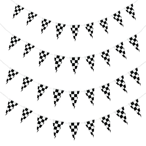 JZK Banderín a cuadros de 10 metros, bandera de carreras, banderines triangulares, banderines de cuerda, banderines colgantes para decoración de fiesta de cumpleaños temática de carreras
