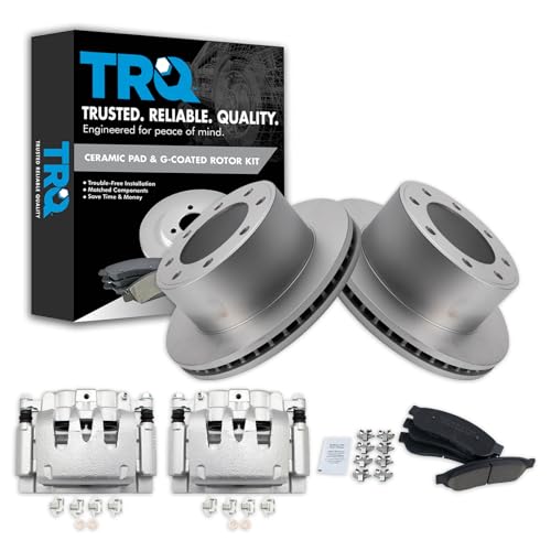Image of TRQ Rear Brake Pad, Caliper, & Rotor Kit Ceramic Vented Premium G-Coated Compatible with 2008-2012 Ford F-250 Super Duty 2006-2012 F-350 Super Duty