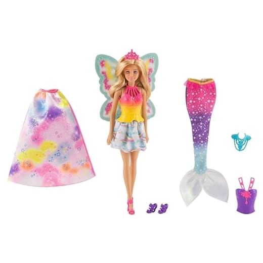 Barbie Dreamtopia poupée Arc-en-ciel coffret 3 en 1 blonde avec trois tenues multicolores de princesse, sirène et fée , jouet pour enfant, FJD08
