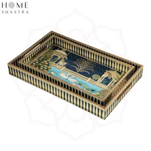Image of Swan Wooden Serving Tray with Gold Engraving | Set of 2 | Size : 16 x 10 inch & 14 x 8 inch | Enamel Coated Waterproof | Rectangular | Swan Set of 2