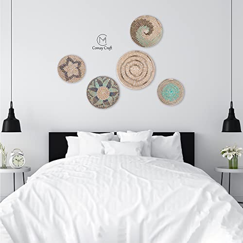 Comay Craft Rustic Wall Basket Decor, 5 Pcs Basket Wall Decor, Large Woven Basket Wall Art, Rattan Home Decor Baskets, Boho Baskets For Wall Decor, Seagrass Baskets, Modern Boho Wall Basket,Blue - Image 6