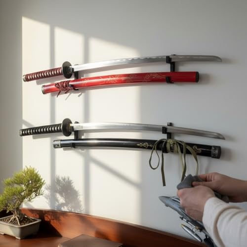 Image of Double Rack Katana holder Wall Mount | Traditional Japanese Style | Dual Slots for Sword & Saya for Samurai, Anime & Decorative Swords | Easy Installation | Bioplastic (1 Pair)