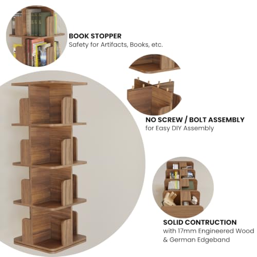 Image of COGO 4 Tier Revolving Bookshelf | 360 Smooth Revolve Mechanism | 52 x 15 x 15 inch | 100 Books Capacity | 17 mm Engineered Wood | Bookcase | Showcase | Do-It-Yourself | Colour: Walnut
