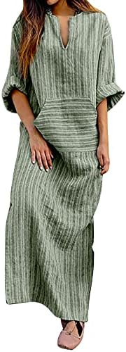 Maxi Dress for Women Summer Long Loose Striped Cotton Women's Yarn-Dyed Dress Fashion Dresses Linen and (Green, XL)