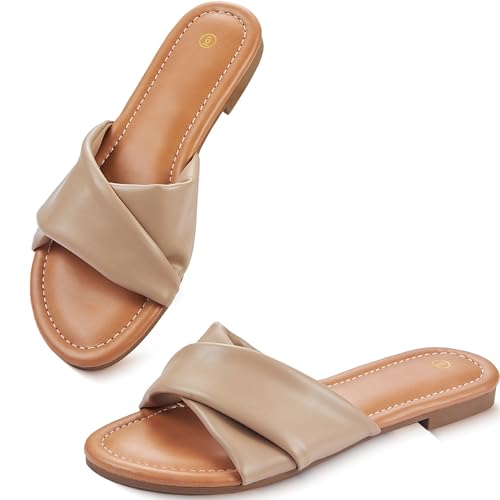 Image of Women's Flat Sandals Round Open Toe Comfortable Fashion Cute Ladies Slides Sandals Women Dressy Summer Flat Leather Casual Fashion Beach Shoes Size 6-11
