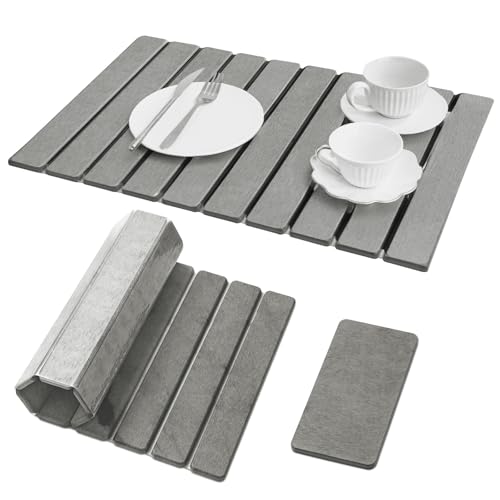 Large Stone Dish Drying Mat for Kitchen Counter,Natural Quick Dry Stone Dishes Mats,Foldable Water Absorbing Diatomaceous Earth Drying Organizer Pad for Kitchen Utensils(Light Gray 24"×16" & 8"x4")