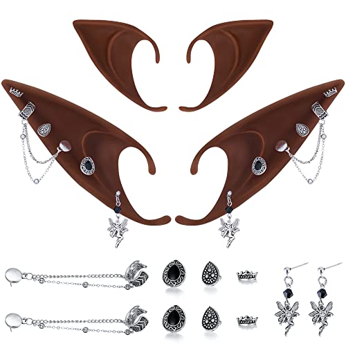 Renaissance Brown Elf Cosplay Ears with Piercings - Soft Brown Elf Ears and Silver Dangle Vintage Ear Cuffs for Women Christmas Halloween Renaissance Cosplay Costume Accessories