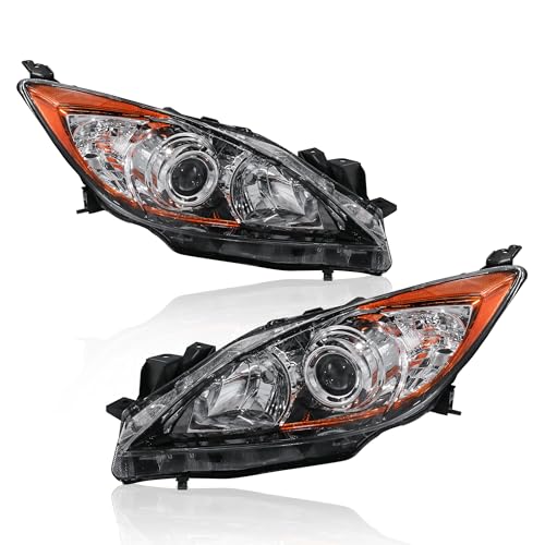 KUIPERAUTO Headlights Assembly Replacement Compatible with 2010-2013 Mazda 3 Halogen with Clear Lens Chrome Housing Amber Reflector Front Lamps Driver and Passenger Side #MA2518130 MA2519130
