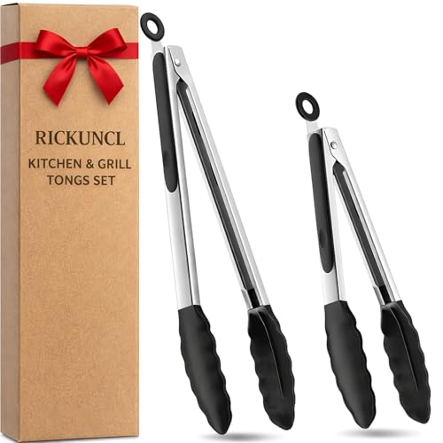 Set of 2 Kitchen Tongs, 9/12 Inch Silicone Tongs for Cooking, Stainless Steel Non-Stick Tools for BBQ, Air Fryer, Grilling, Salad - Black