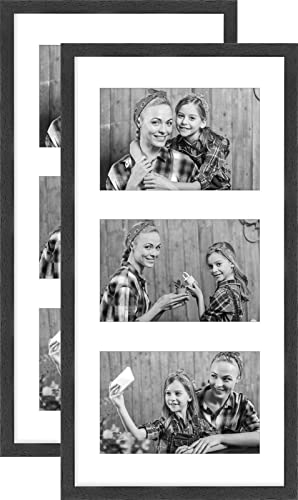 ATOBART 19x38 cm Mehrfach Bilderrahmen,Bildergalerie Collage Galerie Urkunde Dokumente, Fotogalerie mit Passepartout und 3 Foto-Ausschnitten für Fotos 3-10 x 15 cm,Schwarzer 2er Set