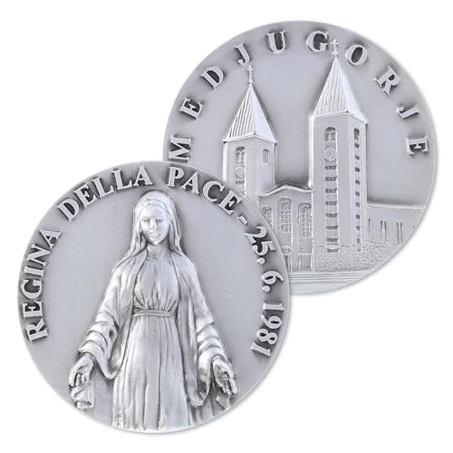 Medalla placa Reina de la Paz regalo de bautizo y comunión latón plateado SHALOM