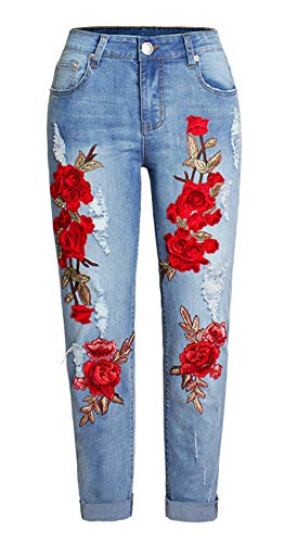 GGUHHU Womens Stylish Floral Embroidery Patchwork Tapered-Leg Ripped Jeans Capris Pants2
