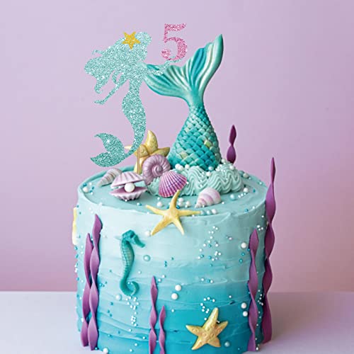 Mermaid 5 Cake Topper, Happy 5Th Birthday Cake Decor For Baby Girl, Little Mermaid Birthday Party Decoration, Under The Sea Themed Party Supplies - Blue Glitter #TOP4