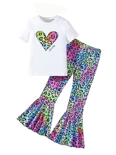 Image of WDIRARA Girl's 2 Piece Outfits Leopard Print Clothing Set Heart Graphic Tee and Flare Bell Bottom Pants
