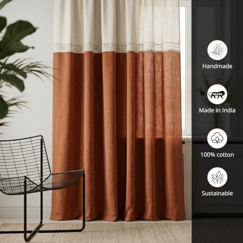 Image of Peepul Tree Cotton 7ft Door Curtain in Rust and Off White | Woven Colour Block Design with Crochet Border | Semi Blackout 70% Light Blocking | Top to Bottom Reversible Design