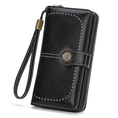Image of Wristlet Wallets for Women Leather Credit Card Holder Bifold Black | RFID Blocking, Large Capacity, Ladies Phone Clutch Purse with Zippered Coin Pocket
