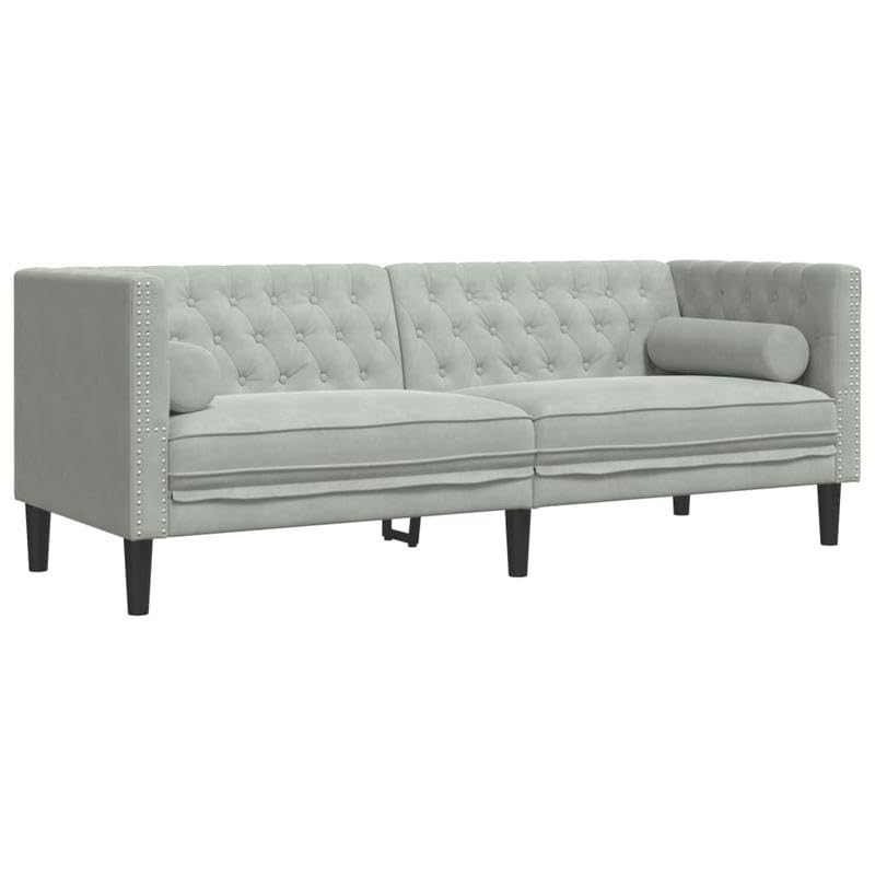 Sofá Chesterfield Futón de 3 plazas con reposacabezas - Funda de terciopelo gris claro (100% poliéster) - Madera contrachapada y madera maciza - Muebles de salón acogedor