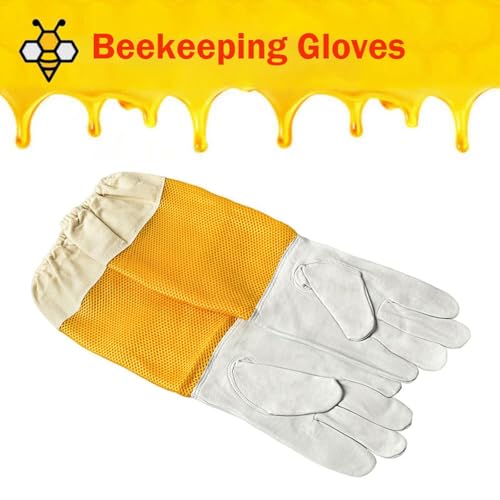 SEIWEI 1 Pair Beekeeping Gloves, Goatskin Leather Beekeeper Glover with Protective Ventilated Long Canvas Sleeve & Elastic Cuffs for Beekeeping Supplies, XL (48cm)