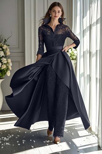 Pantsuit Lace Mother of The Bride Dresses Shirt Collar 3/4 Length Sleeves Floor Length Satin Overskirts Formal Dress4