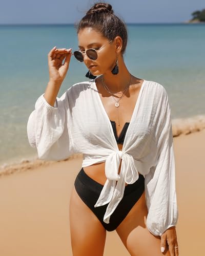 Women's Swimwear Cover Ups Tops Tunic Self-tie Swimsuit Bikini Bathing Suit Long Sleeve Soft Beach Shirt for Women2