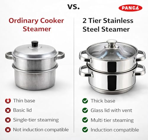 Image of PANCA Idli Maker Steamer Stainless Steel | 2 Tier Idly Cooker with Glass Lid | 18 cm Small Steamer for Momo, Dhokla, Idiyappam & Vegetables | Induction Base (Steamer 2 Tier)