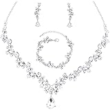 3Pcs Austrian Crystal Jewelry Set for Women, Necklace Dangle Earrings Link Bracelet Jewelry Set with Gold/Platinum/Gun Plated, Wedding Party Jewelry for Bridal Bridesmaid (White-Platinum Plated)