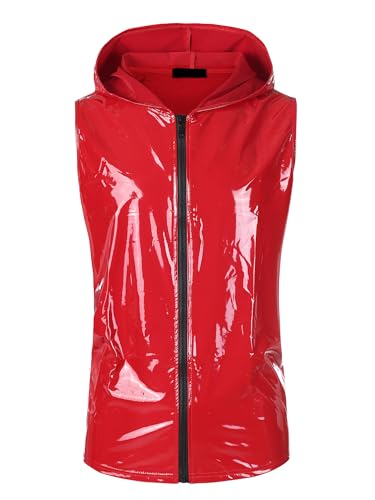 Lars Amadeus Metallic Hoodie Vest for Men's Shiny Party Club PU Zipper Sleeveless Vest - Main Image