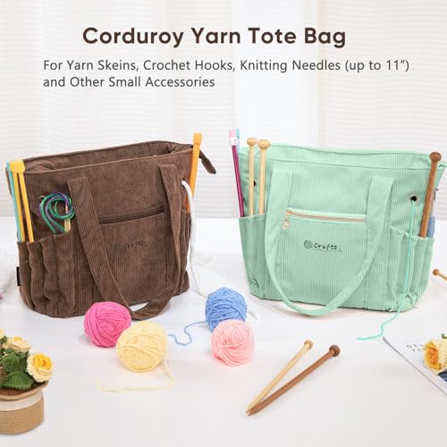 Image of MYBAGZING Corduroy Crochet Bag 11.5 inch Large Yarn Storage Tote with Grommets, Needle Holders - Knitting Bag Organizer for Crochet Hooks, Accessories, Tools & Projects -Gift for Knitters & Crafters